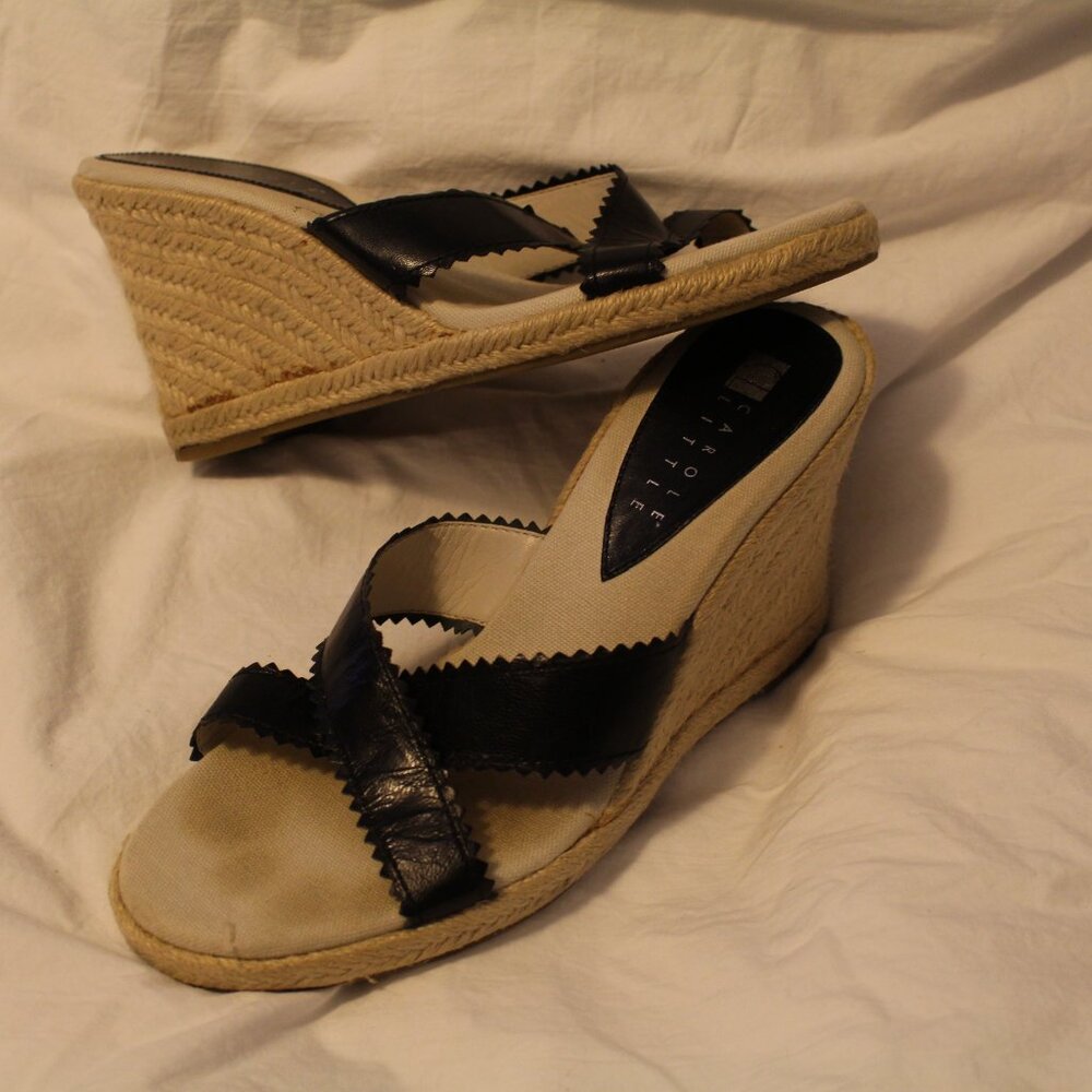 Carole Little Brand Black Strap Rope Stacked Comfortable 4" Wedge Sandals